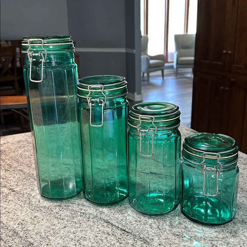 Set of Vintage Green Glass Storage Jars